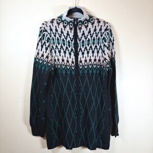 Icelandic Design Merino Wool Full Zip Sweater Womens L Black Teal Nordic Midline